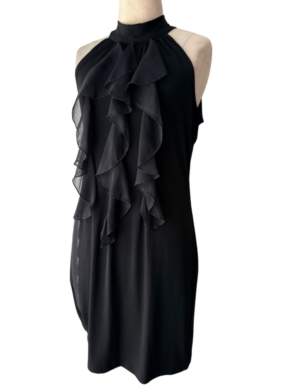 vtg 90s y2k iz byer california dress black halter neck tie ruffle jersey dress M